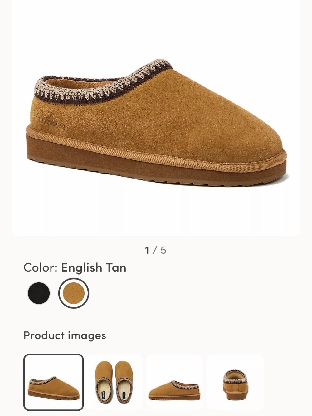 Lands' End English Tan Suede Slip-On Slipper with Patterned Trim